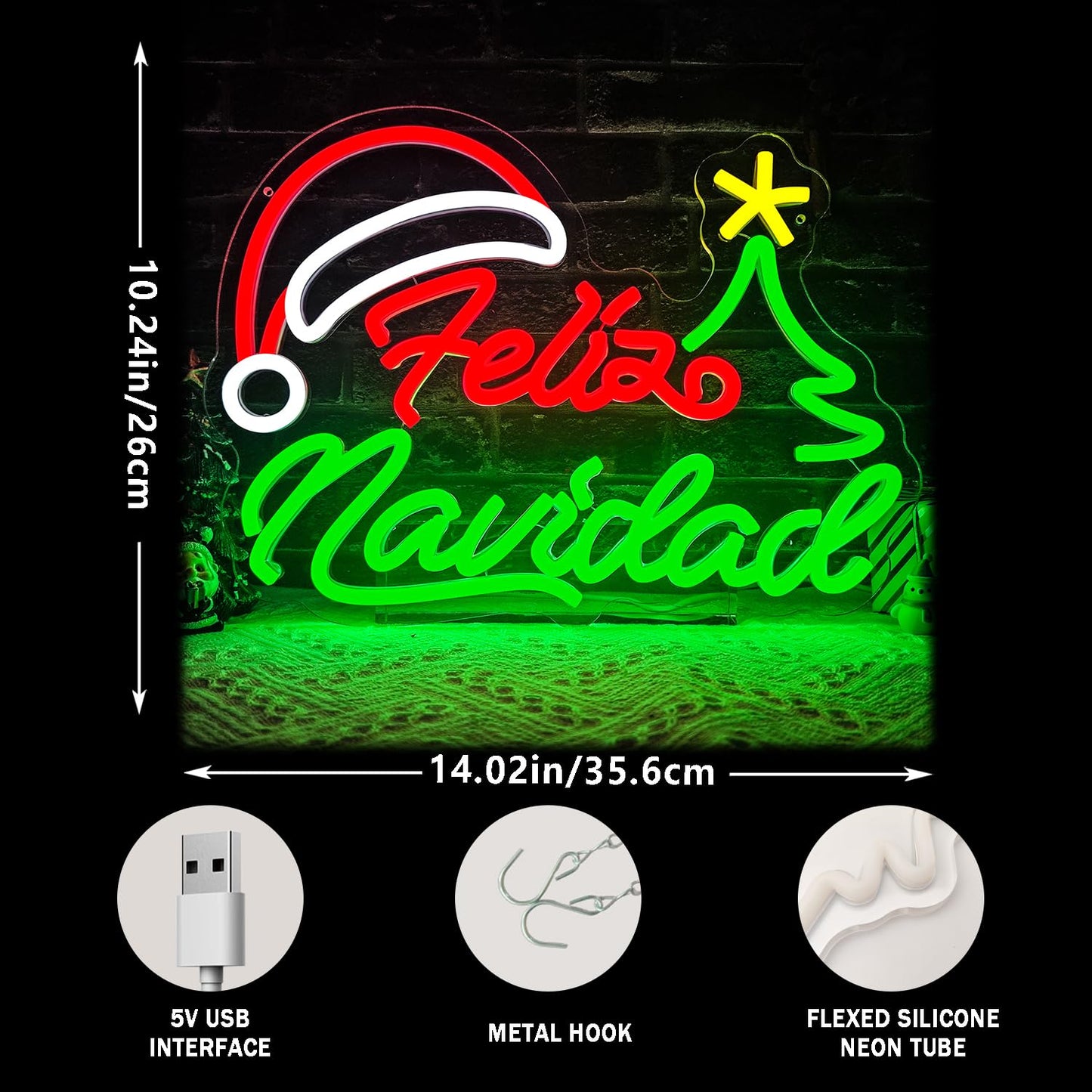 Feliz Navidad Neon Sign Dimmable Merry Christmas Neon Sign for Wall Decor Christmas Tree Neon Light Mexican christmas Light Up Sign for Bedroom Living