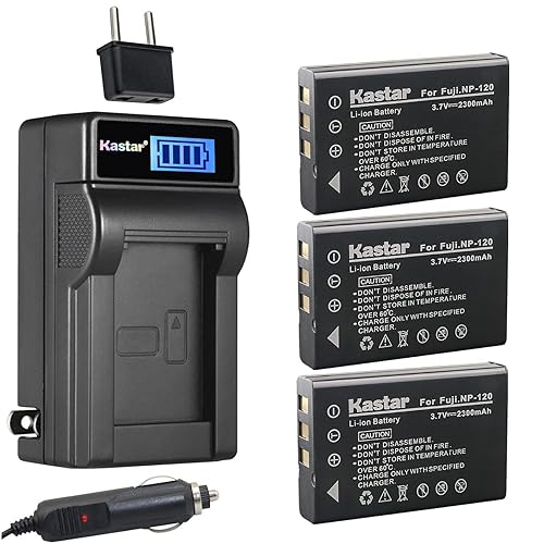 Kastar 3-Pack FNP-120 Battery and LCD AC Charger Compatible with FUJIFILM NP-120, NP-120B, Minolta MN80NV 1080P, CONTAX BP-1500S, KYOCER BP-1500S