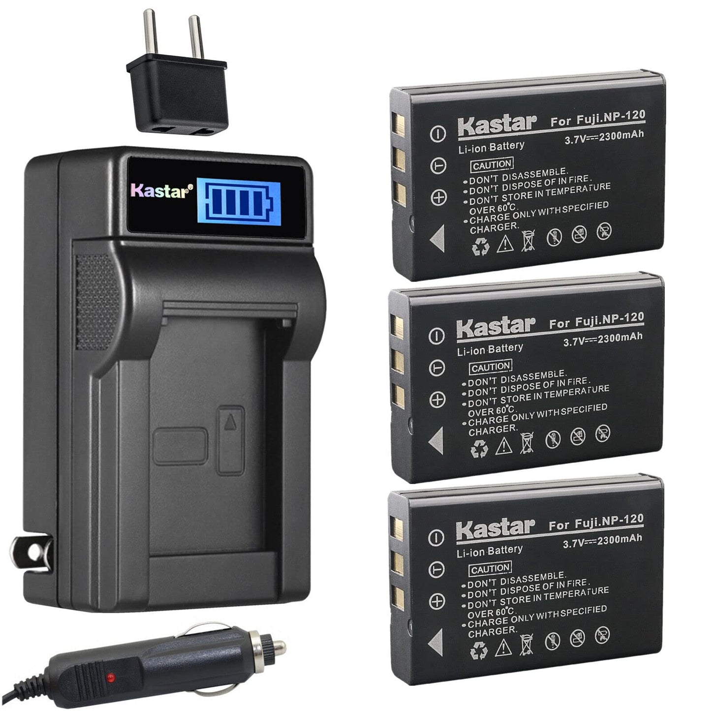 Kastar 3-Pack FNP-120 Battery and LCD AC Charger Compatible with FUJIFILM NP-120, NP-120B, Minolta MN80NV 1080P, CONTAX BP-1500S, KYOCER BP-1500S