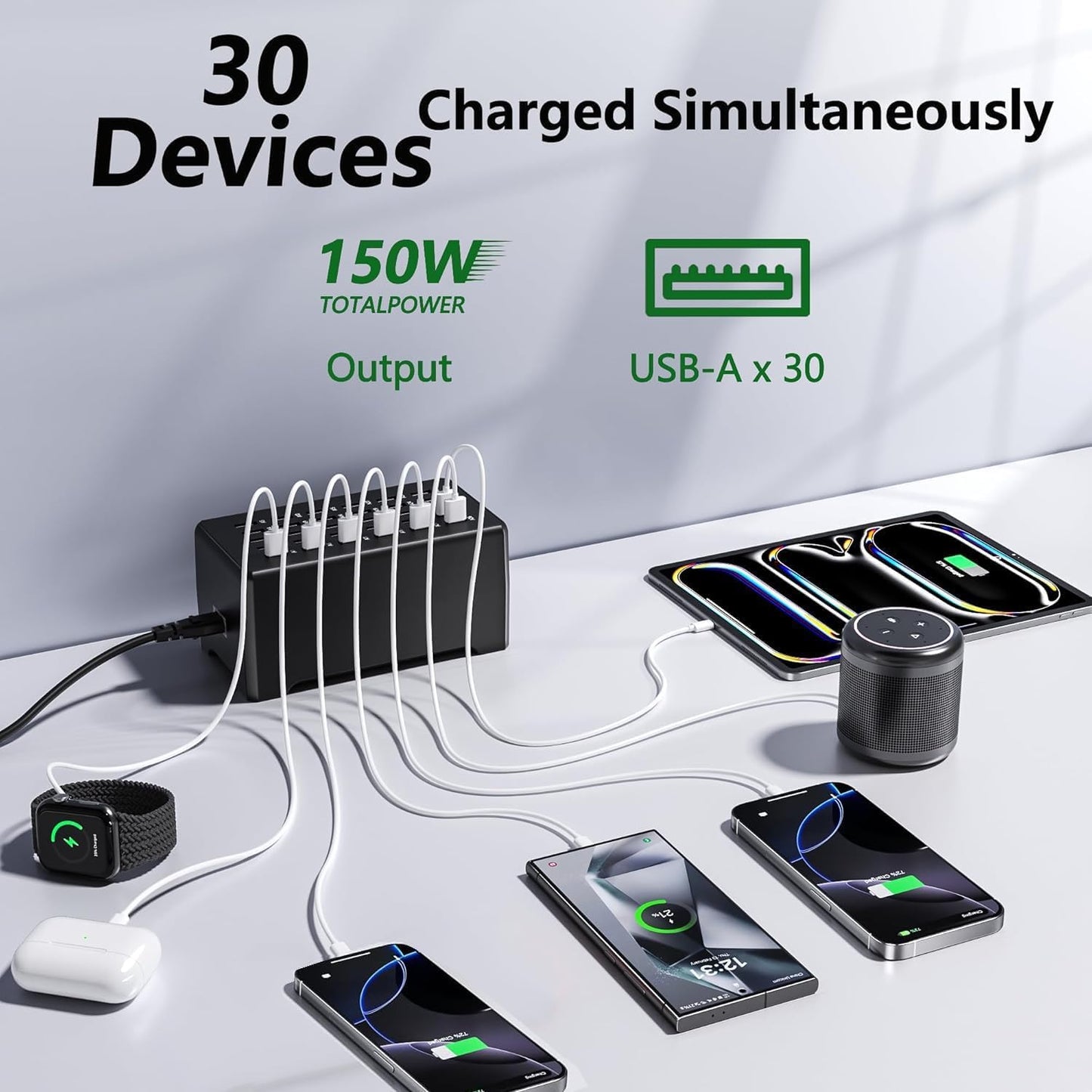 30 Port Multiple USB Charger Station, 150W/30A Multi USB Charging Station Compatible with iPhone/iPad/Google Pixel/Tablets/Samsung and Other