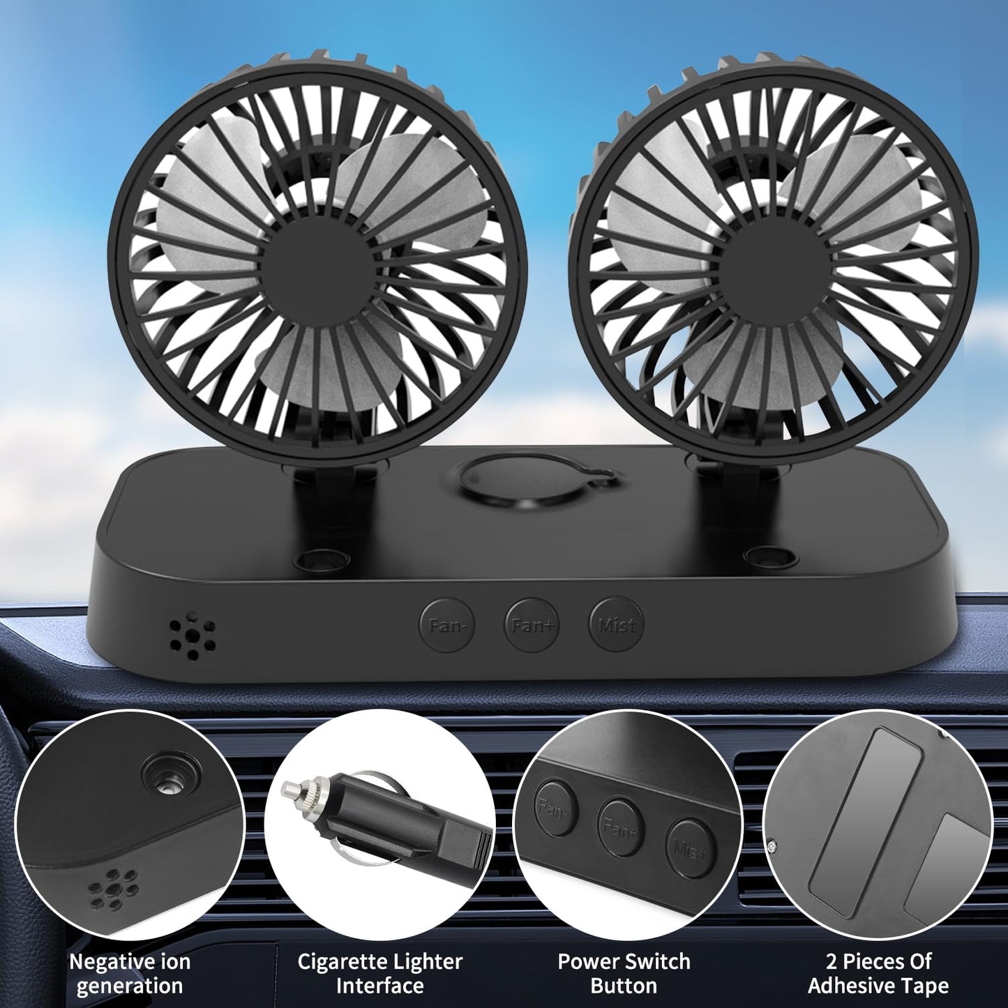 AKSDESY Car Fan, Dual Head USB Fan with Mist Function