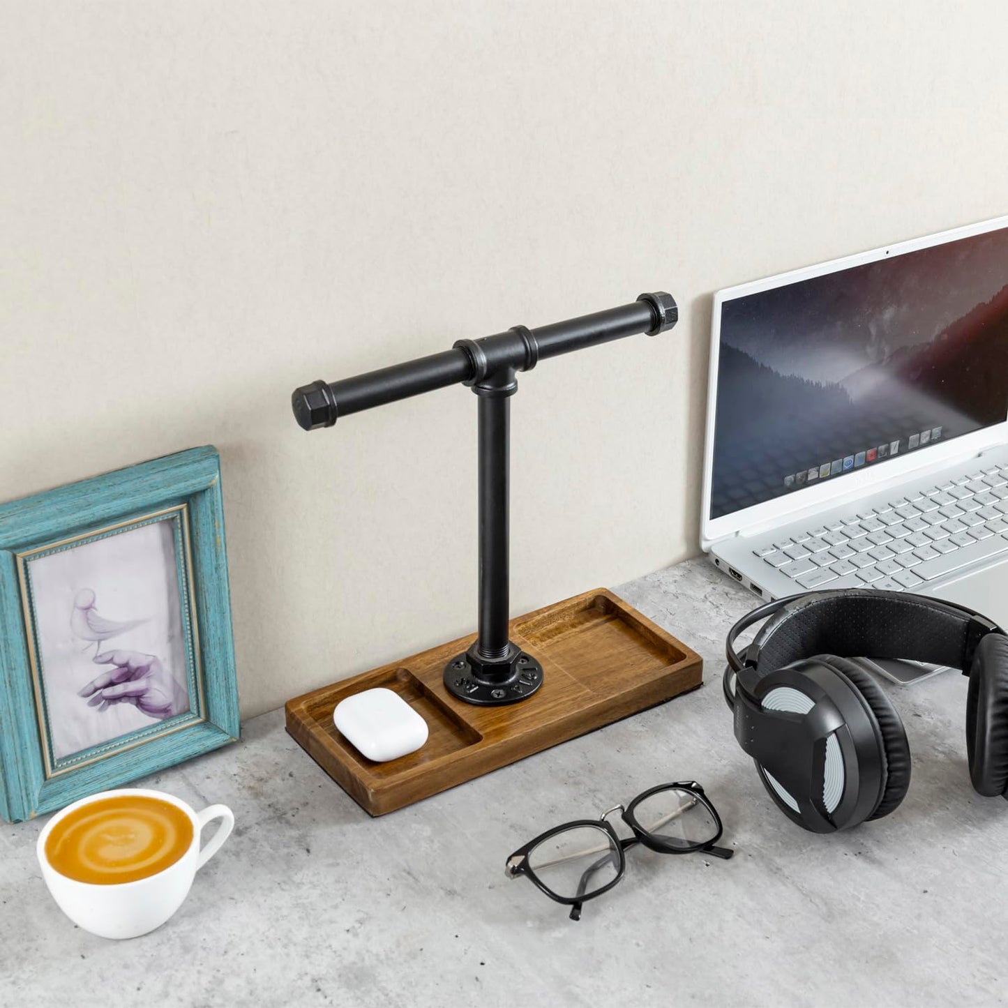 MyGift Premium Acacia Solid Wood and Industrial Black Metal Pipe T-Bar Over Ear Headphones Holder, Tabletop Dual Headphone Display Stand…