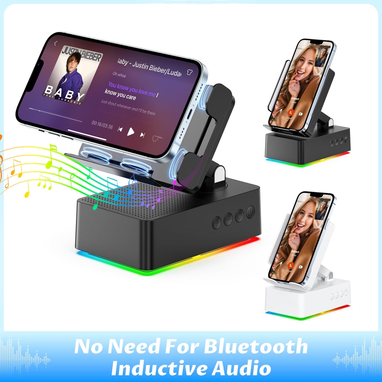 TuneEIf Wireless Induction Bluetooth Speaker, 5-in-1 Foldable Phone Holder, 1500mAh Emergency Charging, Colorful LED Ambient Light, Tech Gadgets Gifts