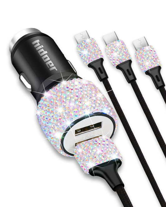 Bling USB Car Charger 5V 2.4A Multicolor Crystal Decor Dual Port Fast Adapter with 4ft Nylon Type C Micro USB 3 in 1 Multi Charging Cable for iPhone