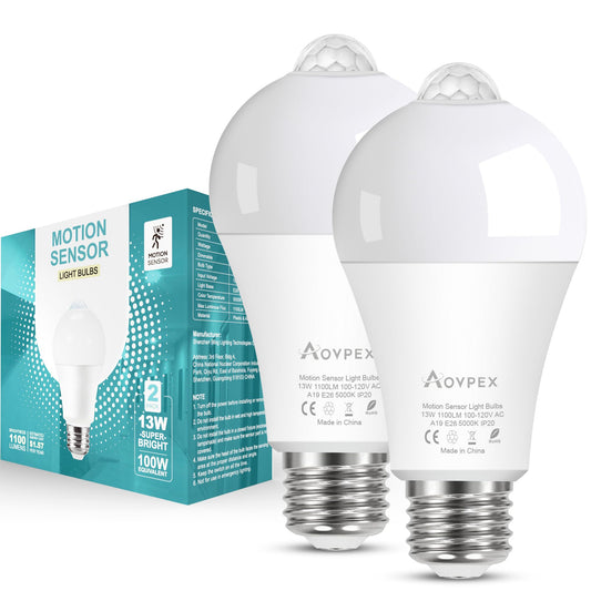 Aovpex Motion Sensor Light Bulbs, Dusk to Dawn, 13W 100W Equivalent, Movement Activated Security LED Bulb, 5000K Cool White, for Outdoor Indoor, Porch