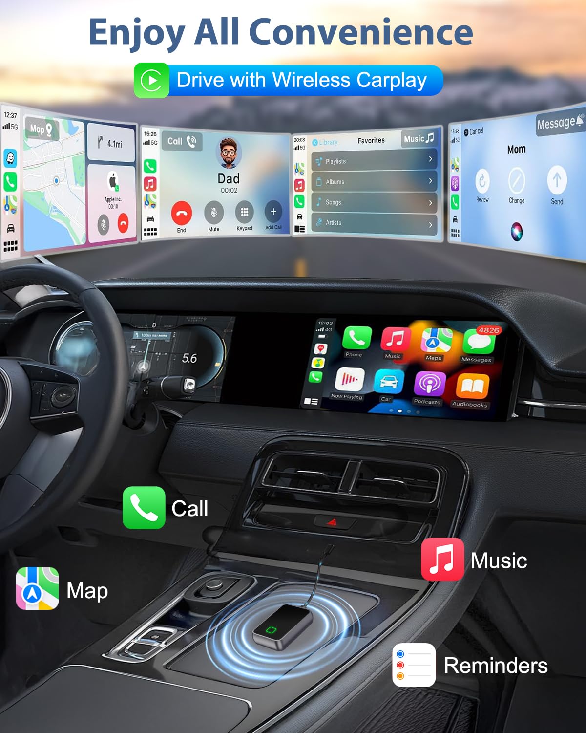 Wireless Carplay Adapter for iPhone, Converts Wired CarPlay to Wireless, Plug and Play Dongle for Apple CarPlay, Bluetooth Control Adapter for Cars