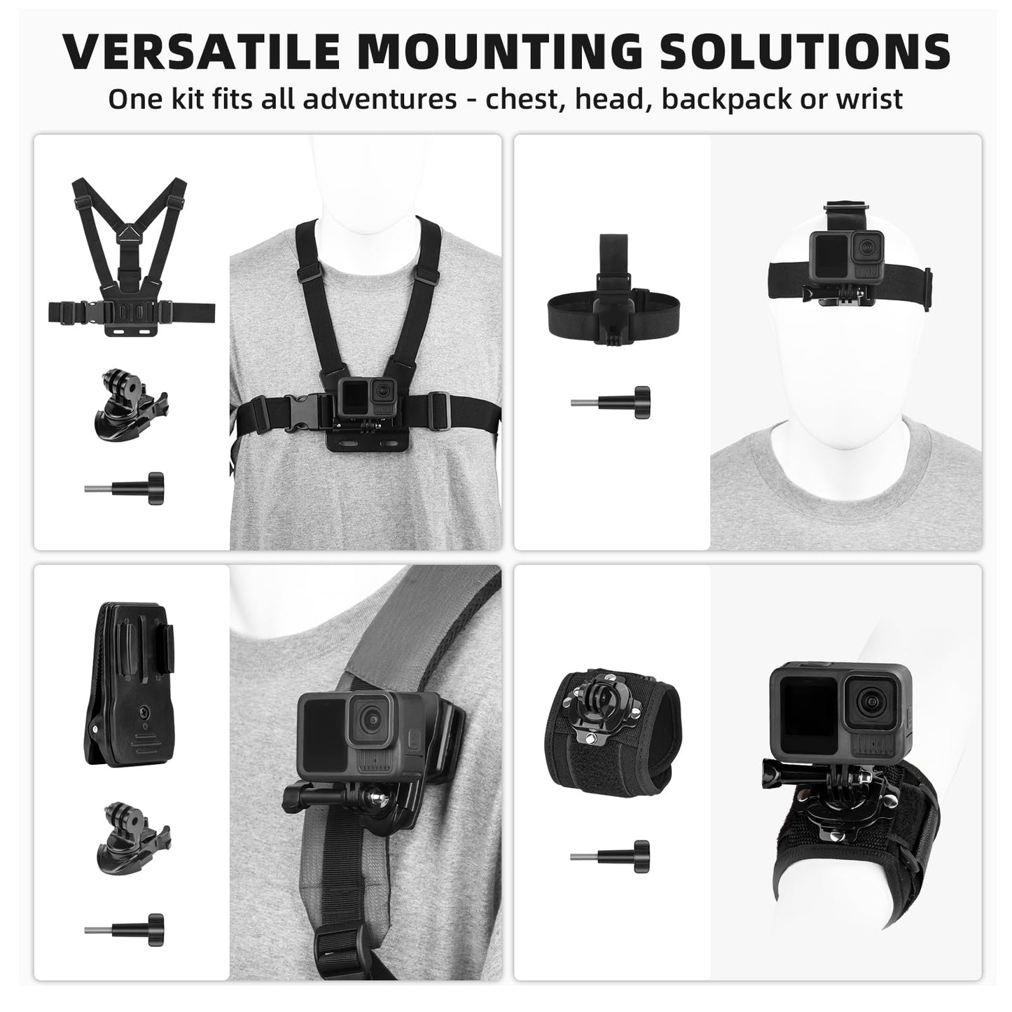 BRDRC Accessories Kit for GoPro, Head Chest Mount Strap Harness Backpack Clip Holder Wrist Strap, 360°Rotating Adapter + Quick Release for DJI Action