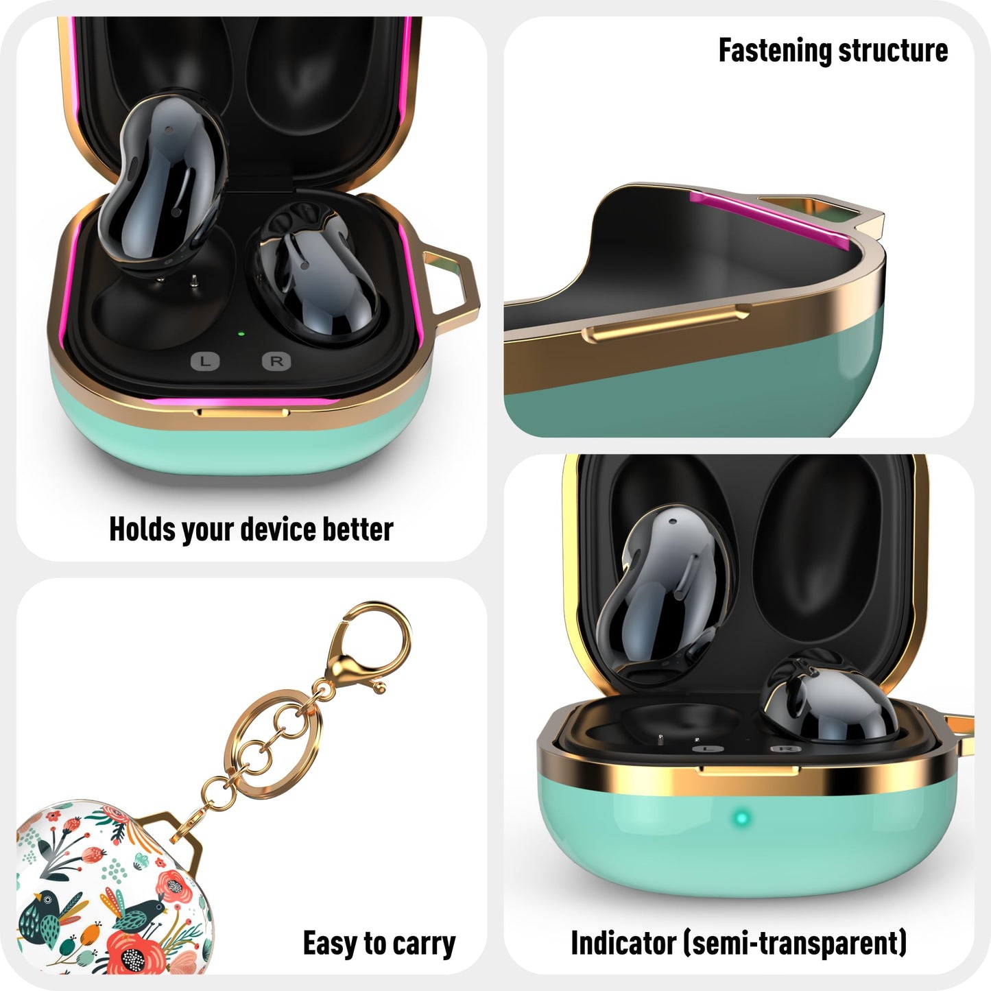 wenew Case Cover for Galaxy Buds 2/ Galaxy Buds Pro/Galaxy Buds Live, Cute Patterns Hard Shell with Key Chain Clip for Girls Kids Women Men (Mint)