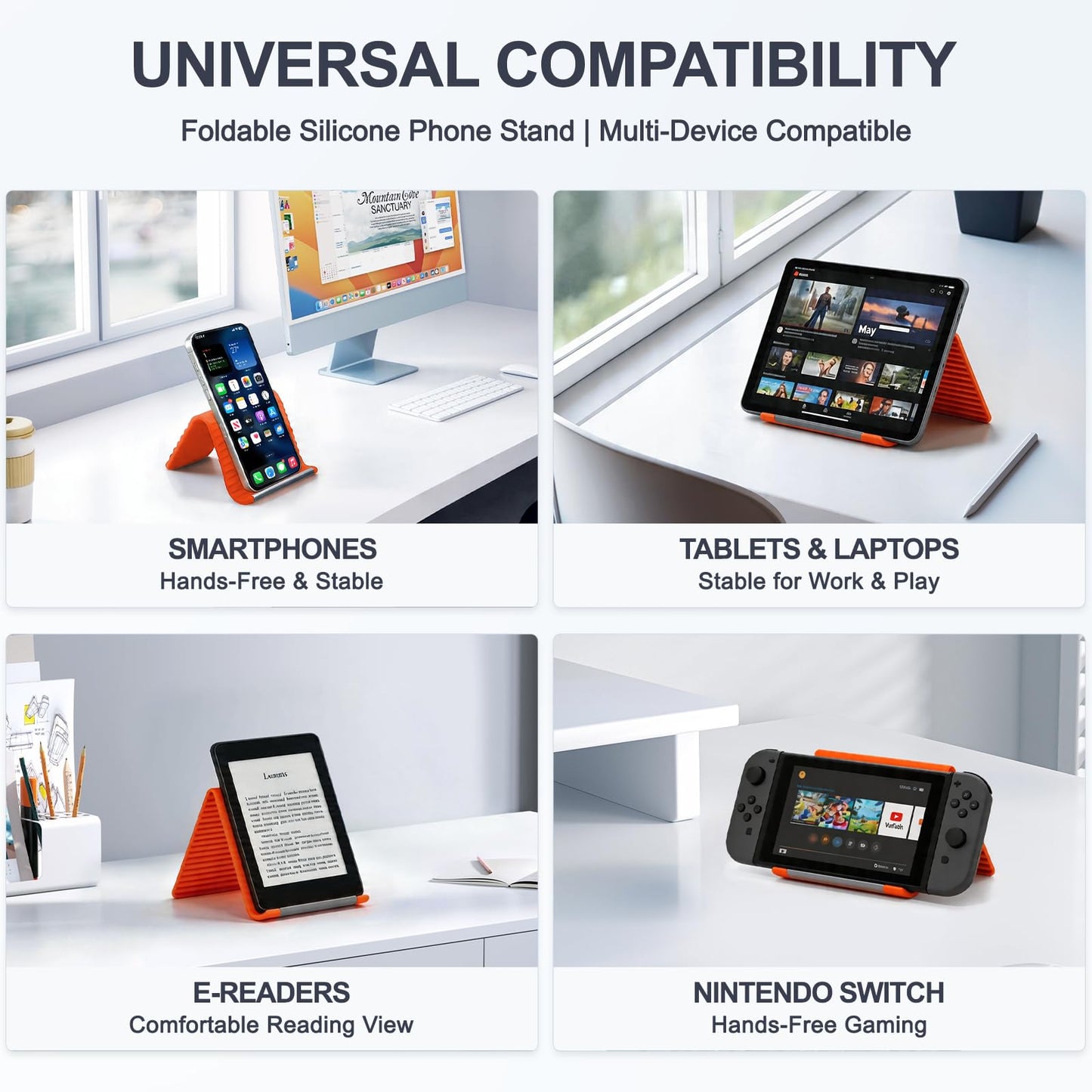 Foldable Silicone Aluminum Holder, Flexible Silicone Phone Stand with Anti-Slip Pad, Portable Rollable Multi-Angle Stand for Phone Tablet Laptop