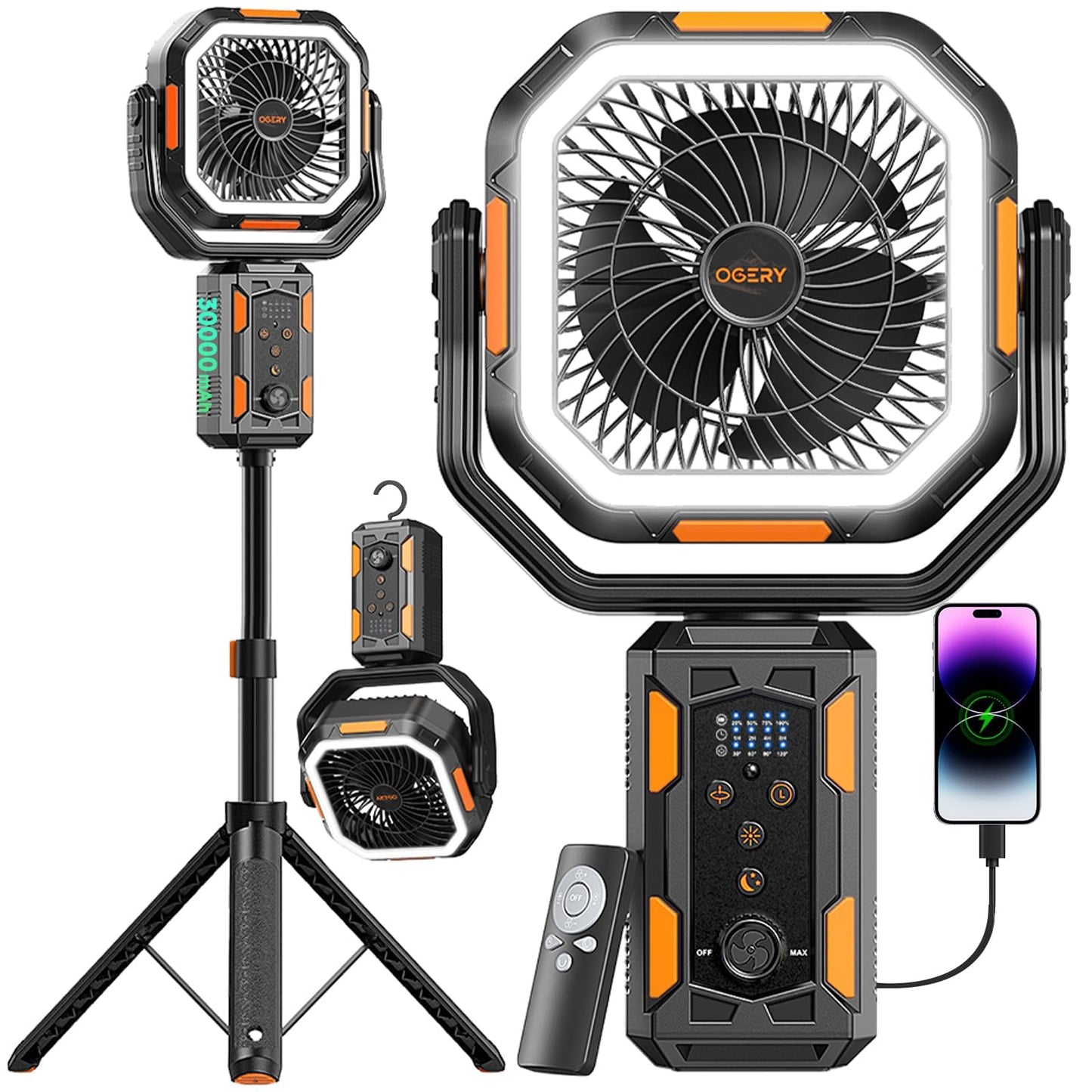 OGERY Portable Camping Fan with Adjustable Height Stand, 30000mAh Battery Powered Fan with Remote, LED Light, Auto Oscillation for Tent, RV, Bedroom