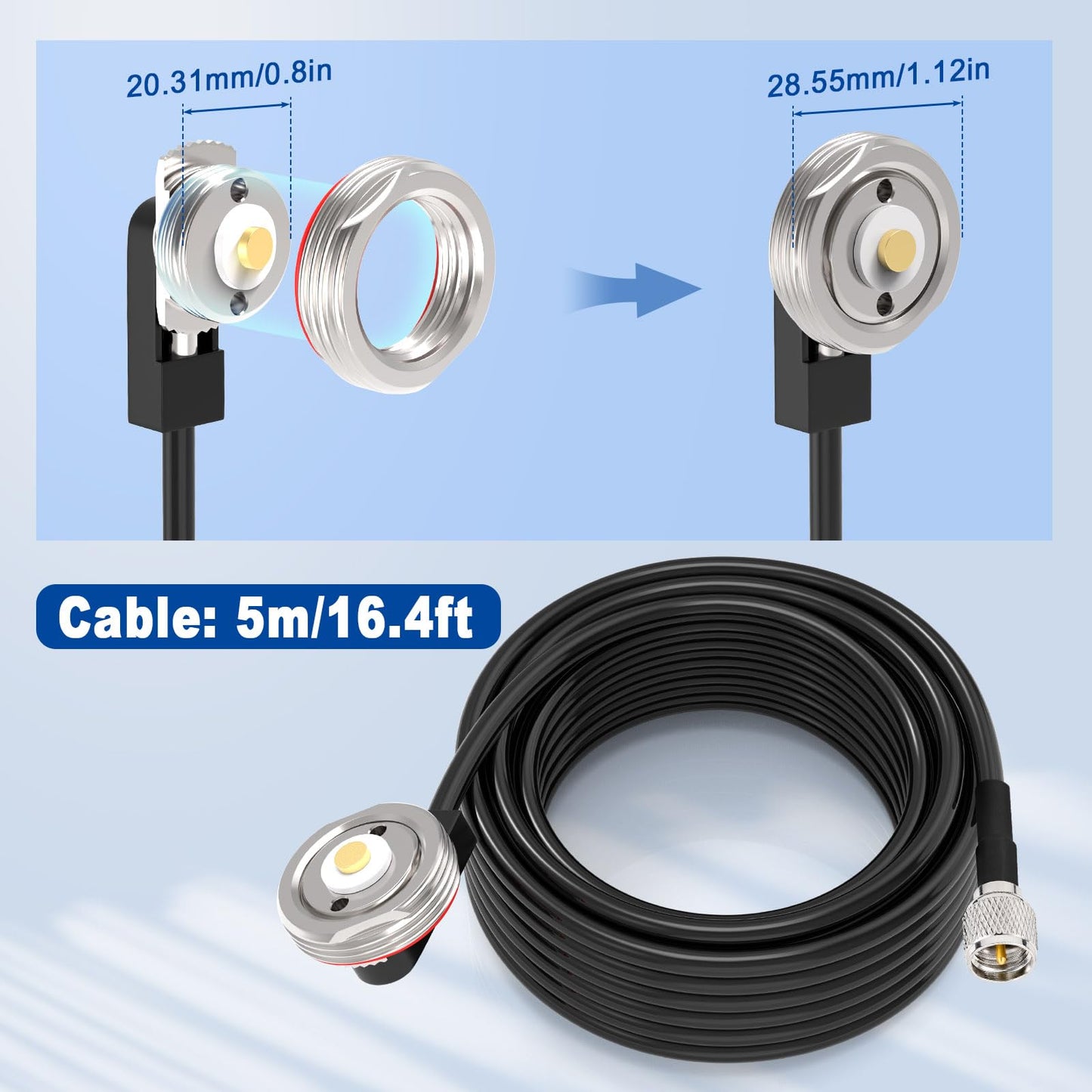 Eightwood NMO Antenna Mount to Mini-UHF Male Extension Cable RG58 16.4 feet for Two-Way CB Mobile Radio, Radio Antenna, Radio Scanner