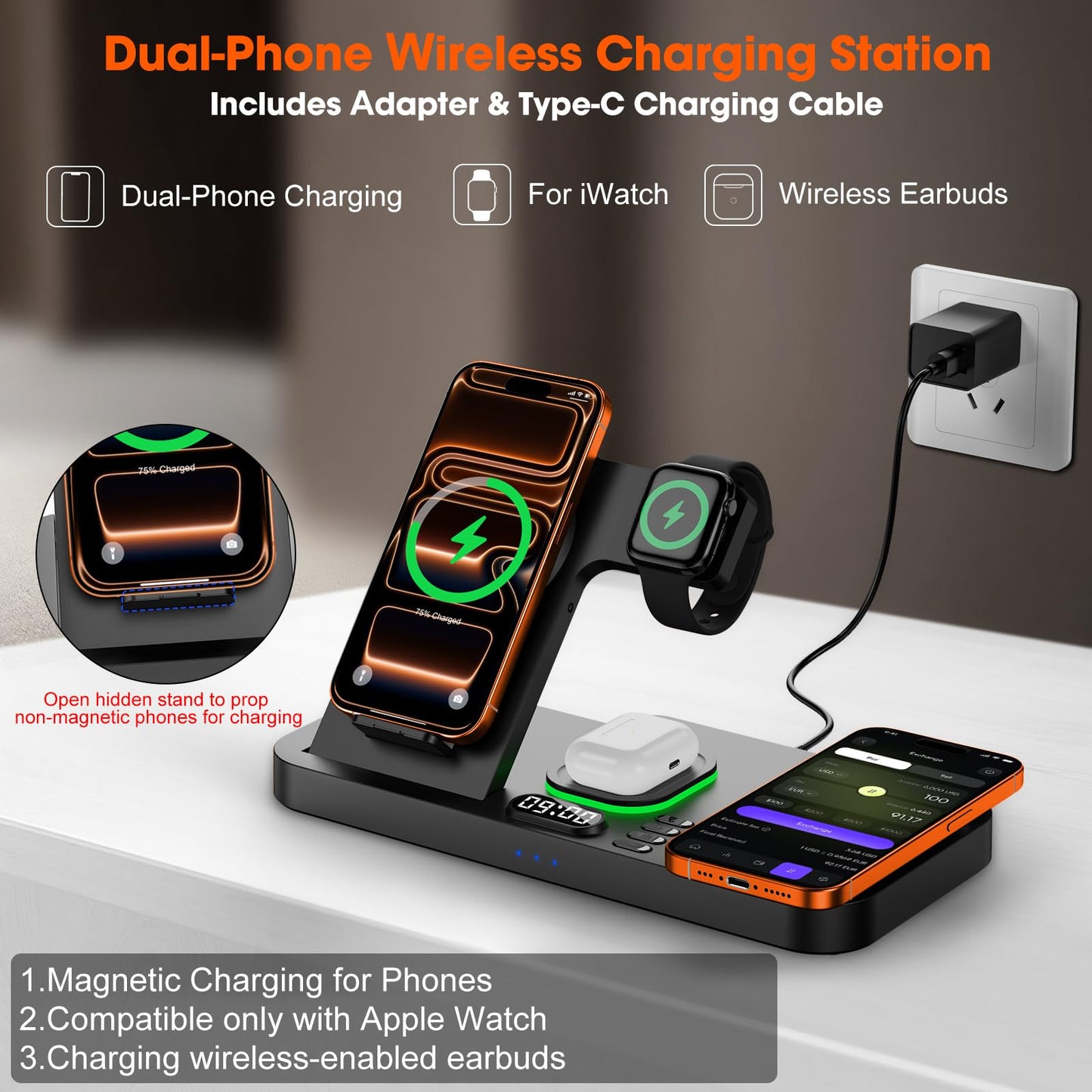 Dual Phone Magnetic Wireless Charging Station for Apple Devices/Apple Ecosystem, 7-Color Auto Light & 12H Clock, Multi-Device Charger for iPhone