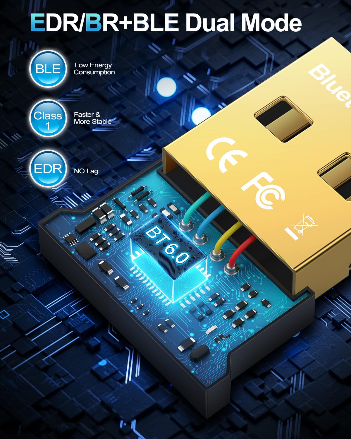 6.0 USB Bluetooth Adapter for PC, Bluetooth Dongle, Plug-and-Play for PC, Laptop, Mouse, Keyboard, Headsets, Speakers, Support Windows 11/10/8.1/7