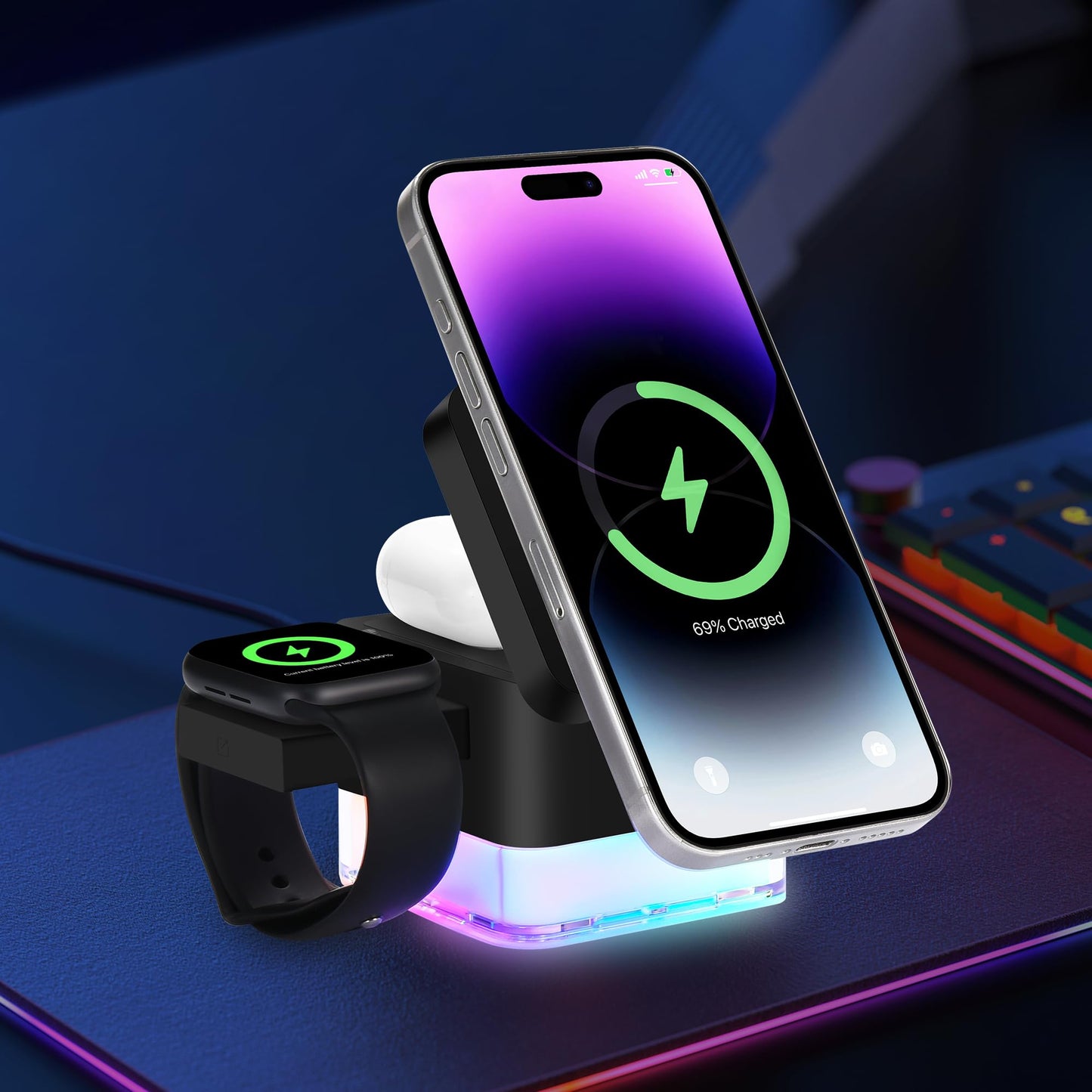 TACOSO Wireless-Charger 3 in 1 Apple-Charging-Station-Cube Nightlight Lamp 15W Magnetic Charger Stand Foldable Charging Dock for iPhone