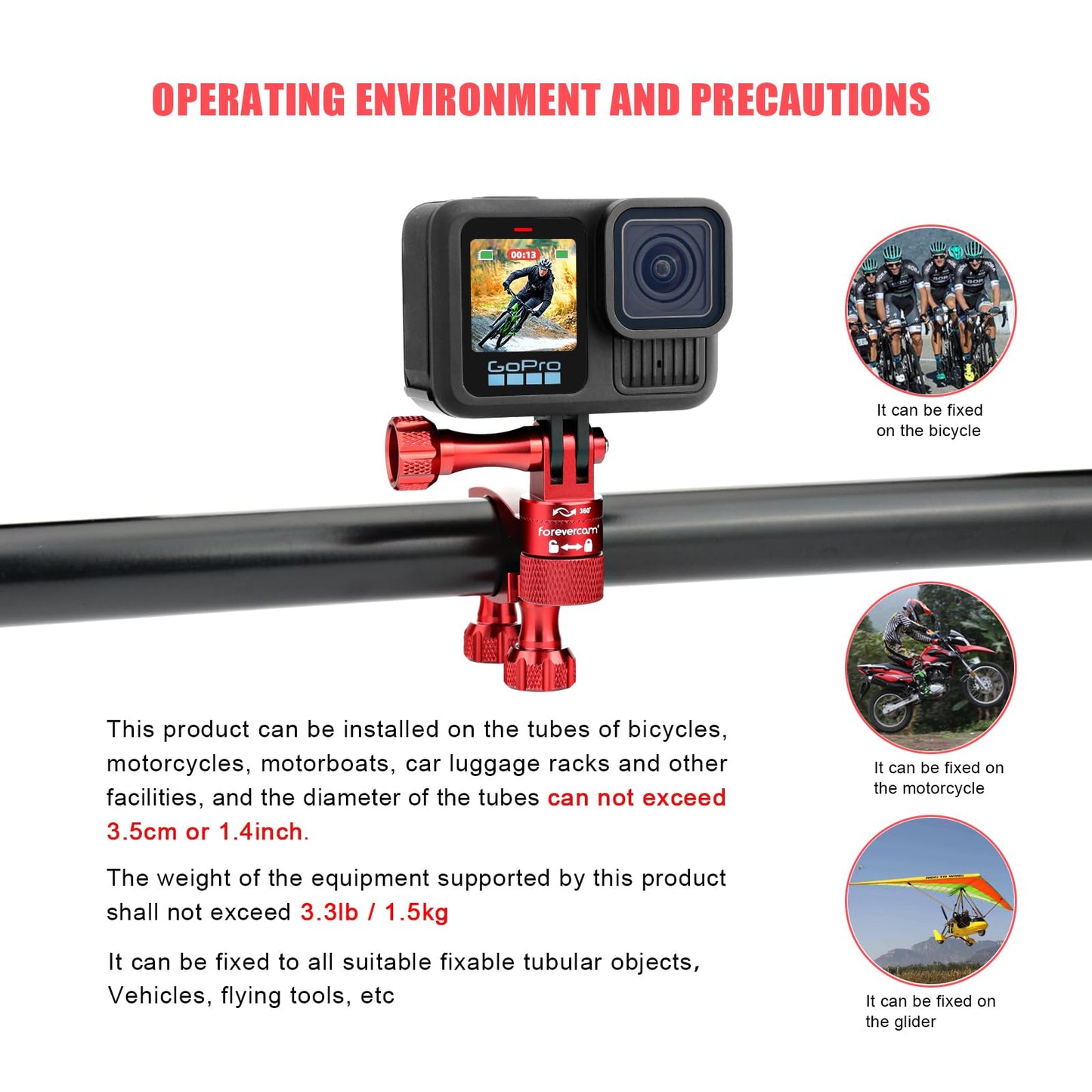 Forevercam Bike Handlebar Mount for Gopro Hero 13 12 11 10 9 8 DJI Osmo Insta360 AKASO and Other Action Camera Aluminum Bike/Motorcycle Mount