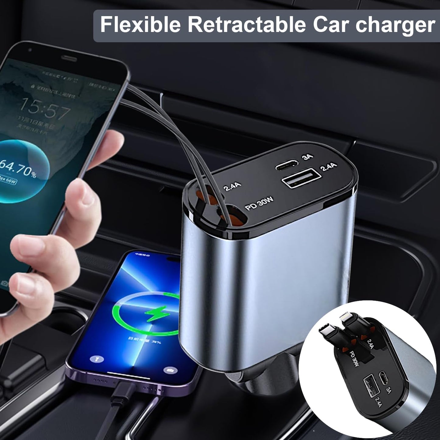 Retractable car Charger USB C, 4 in 1 Fast Car Phone Charger 120W, USBC and Lightening Car Adapter, iPhone 16 pro car Charger, Compatible with iPhone