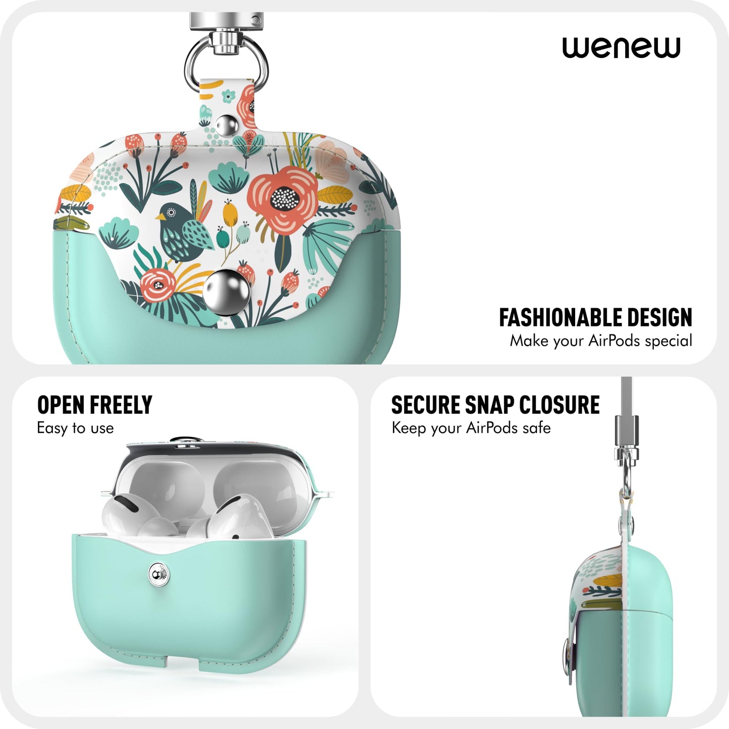 wenew for Airpods Pro 2019 Leather Airpod Pro Case for Women with Secure Snap Closure Keychain, Front Led Visible, Support Wireless Charging