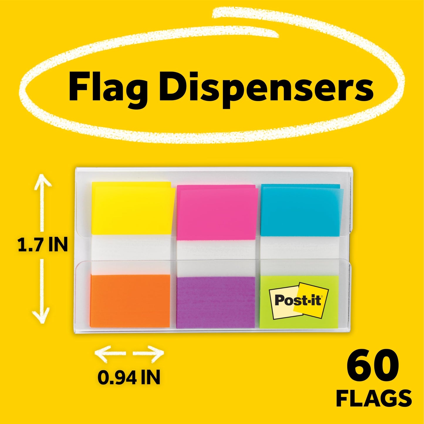Post-it Flags, 0.94 in. x 1.7 in., One Dispenser with 20-Count Sticky Tabs in Alternating Colors (60 Flags Total), Removable Page Markers for Books