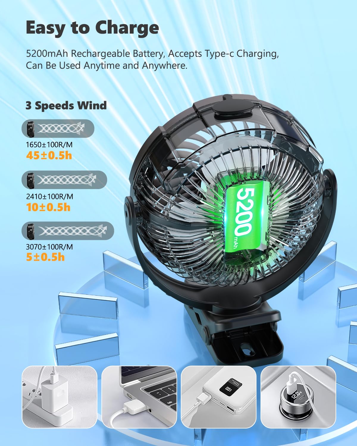 Ausic Portable Clip on Misting Fan, [5-45Hrs] Golf Cart Spray Fan, 720° Rotate Baby Stroller Fan, Outdoor Camping Fan with LED, Rechargeable Battery