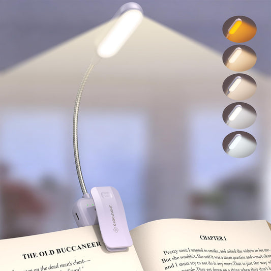 Glocusent 20 LED Reading Lights for Books in Bed, Eye Caring Reading Light, 5 Colors & 5 Brightness 3-100LM Dimmable, 1200mAh Rechargeable Book Light