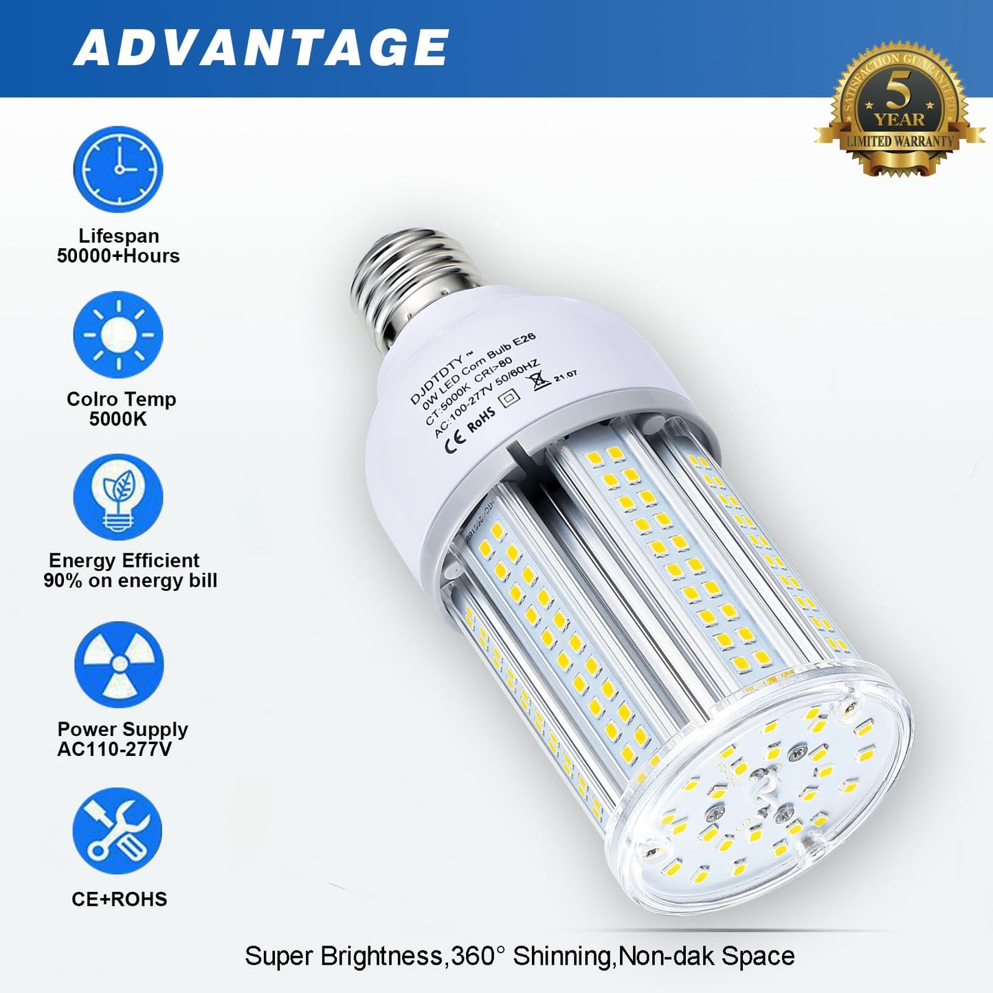 DJDTDTY Amazon High Brightness ?35W LED Corn Light Bulb, E26 Base LED Corn Lamp, 5000 Lumen 5000K Daylight 100V~277V Corn Cob Light Bulb for Indoor