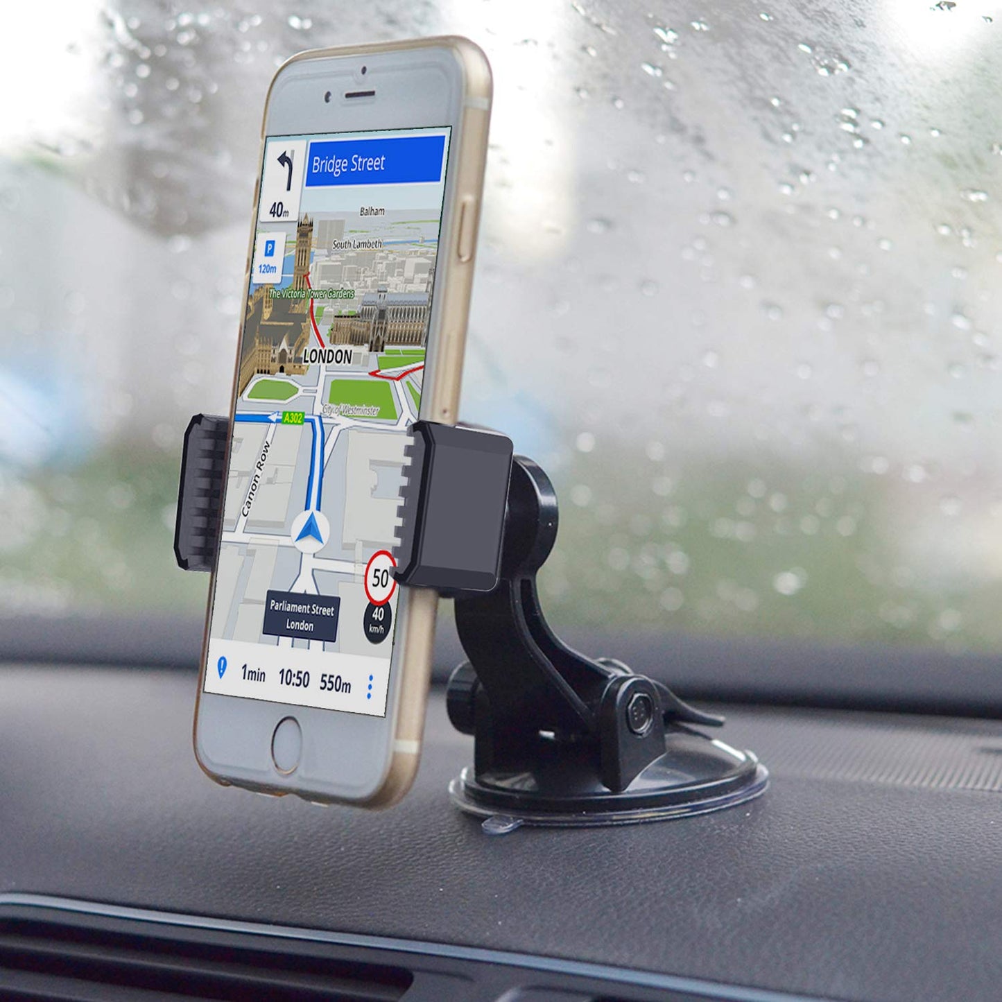 APPS2Car Suction Cup Phone Holder for Car with Adjustable Arm, Low Profile Dashboard Phone Mount Compact Windshield Window Dash Mobile Stand