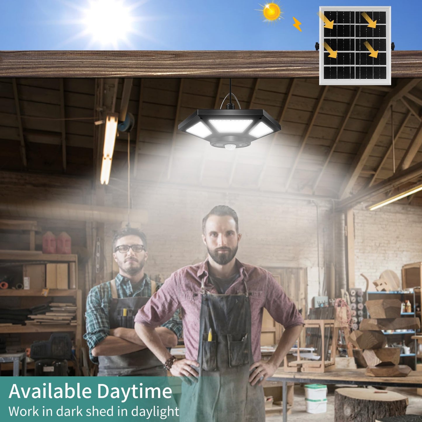 AEQ Solar Shed Light Indoor Outdoor Work in Daytime with Remote Control, 360° Lighting Waterproof Solar Indoor Lights with Motion Sensor/Timer/5 Modes