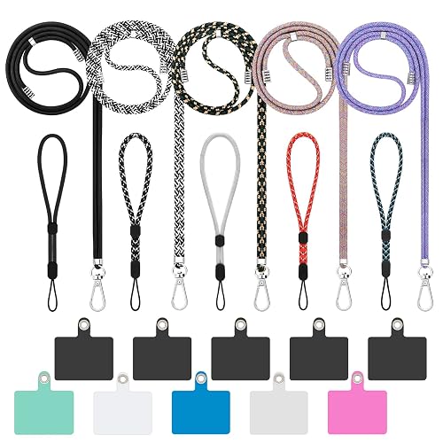 Tsocent Cell Phone Lanyard, Universal 5× Phone Crossbody Lanyard for Around the Neck, 5× Wrist Phone Strap and 10× Mixed Colors Patch Compatible