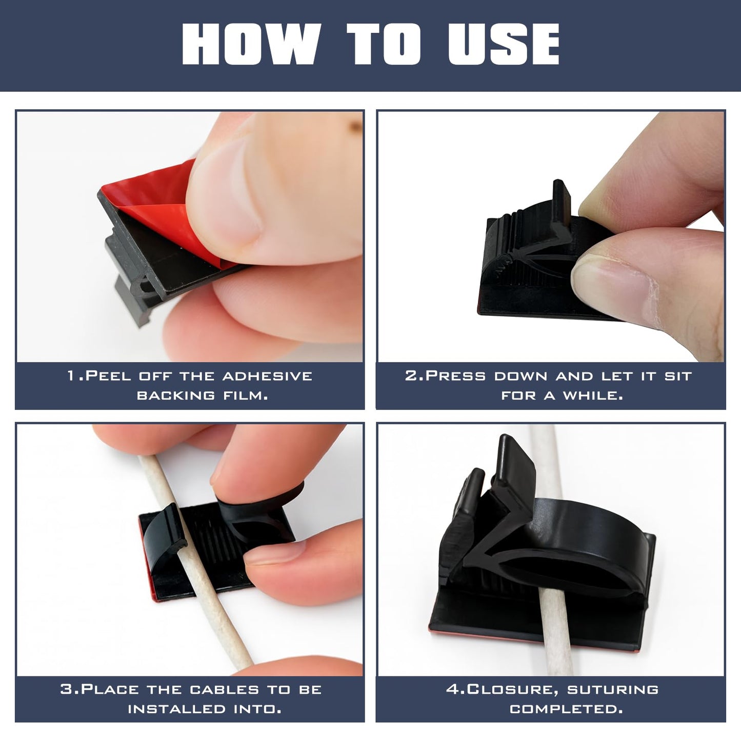 50-Pack Adjustable Adhesive Cable Clips - Sticky Wire Holders and Cord Organizers for Desk, Wall, and Home Office Use