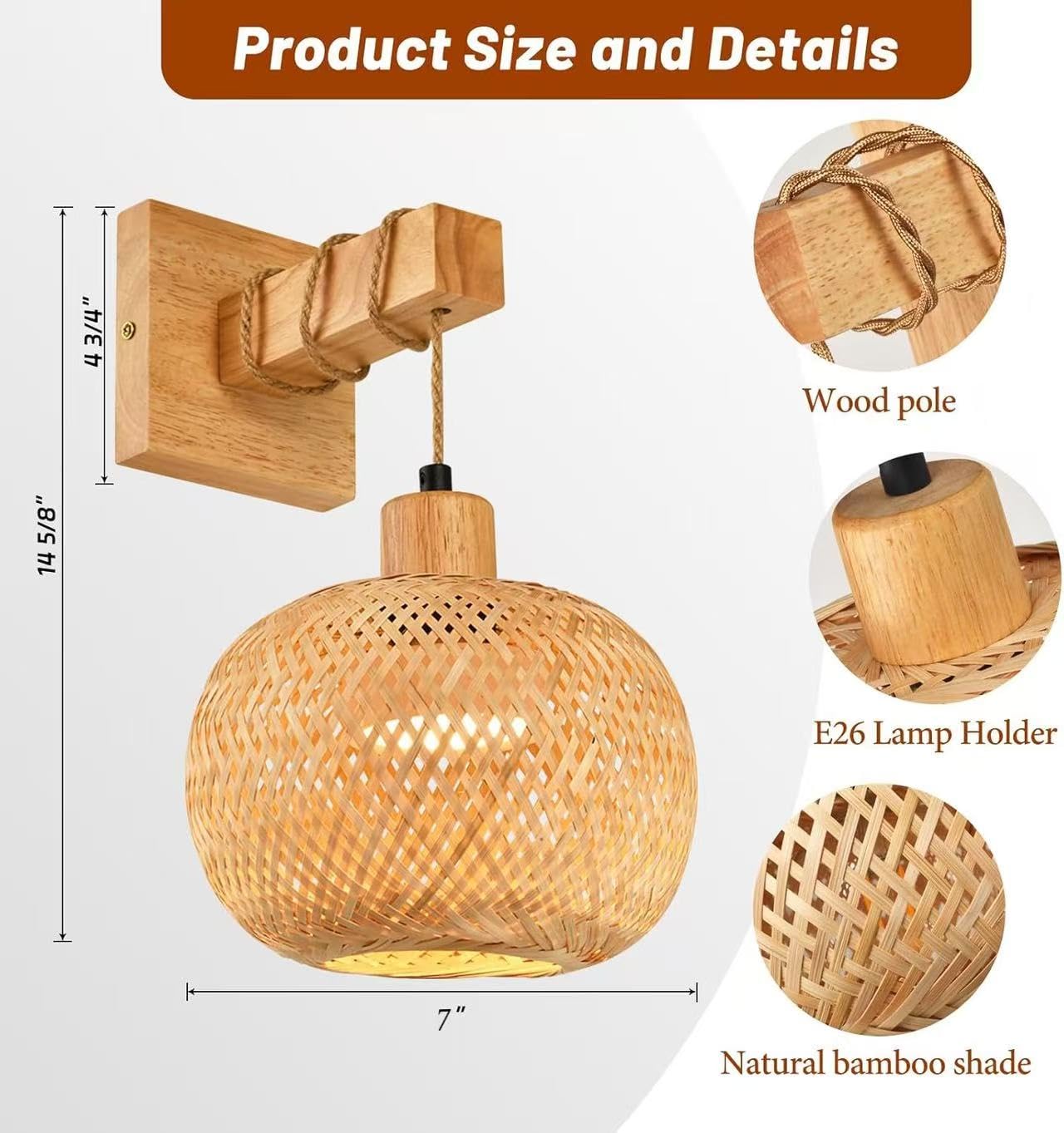 NOVCAND Diameter 7in Boho Battery Operated Wall Sconce Set of Two, Bamboo Cordless Wall Lamp with Remote,Wireless Sconces Set of 2 for Bedroom,Living