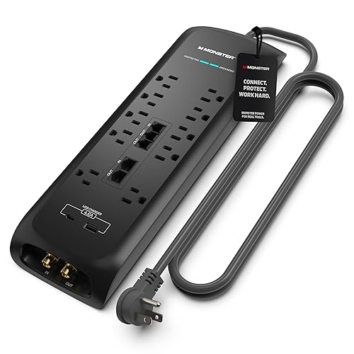 Monster Power Surge Protector w/ 4050 Joule Rating - Heavy Duty 6 FT Surge Protector Power Strip w/ 10 Outlets, 2 USB, 2 Coax, 2 Ethernet Ports
