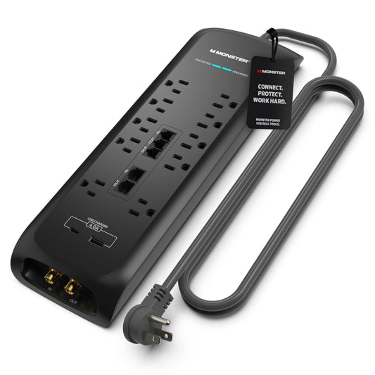 Monster Power Surge Protector w/ 4050 Joule Rating - Heavy Duty 6 FT Surge Protector Power Strip w/ 10 Outlets, 2 USB, 2 Coax, 2 Ethernet Ports