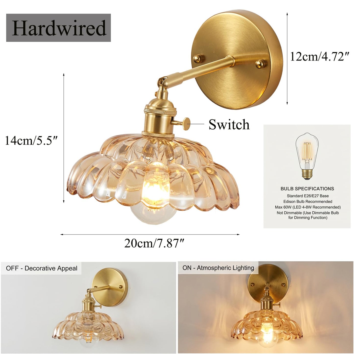 YJQHXY Industrial Style Amber Glass Wall Lights Bedside Lamp with Brass Socket Compatible with E26/E27 Bulbs 110V/120V Hardwired Wall Sconce