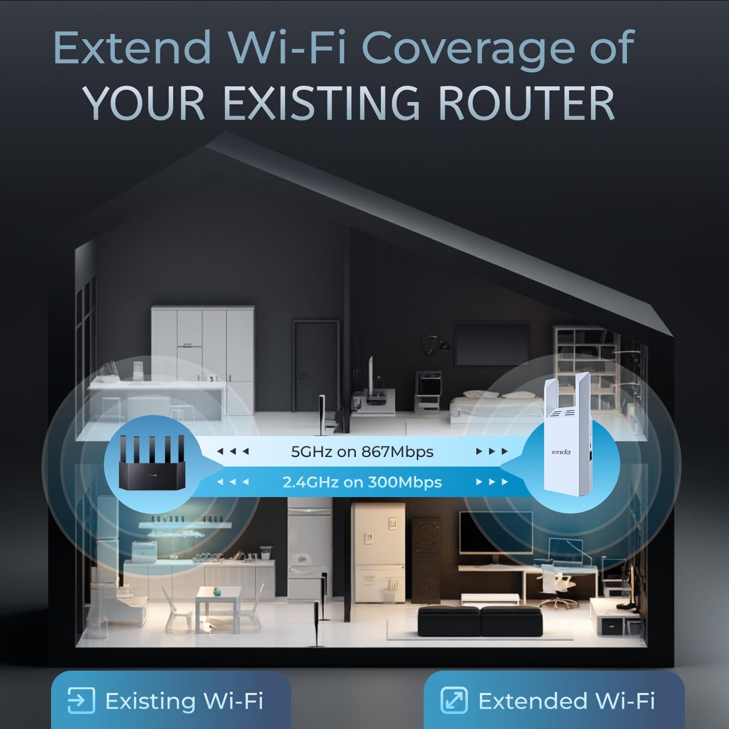 Tenda WiFi Range Extender AC1200, Dual-Band867Mbps 5GHz/300Mbps 2.4GHz, WiFi Booster Suitable for Every House, One Ethernet Port(A18 V4.0)