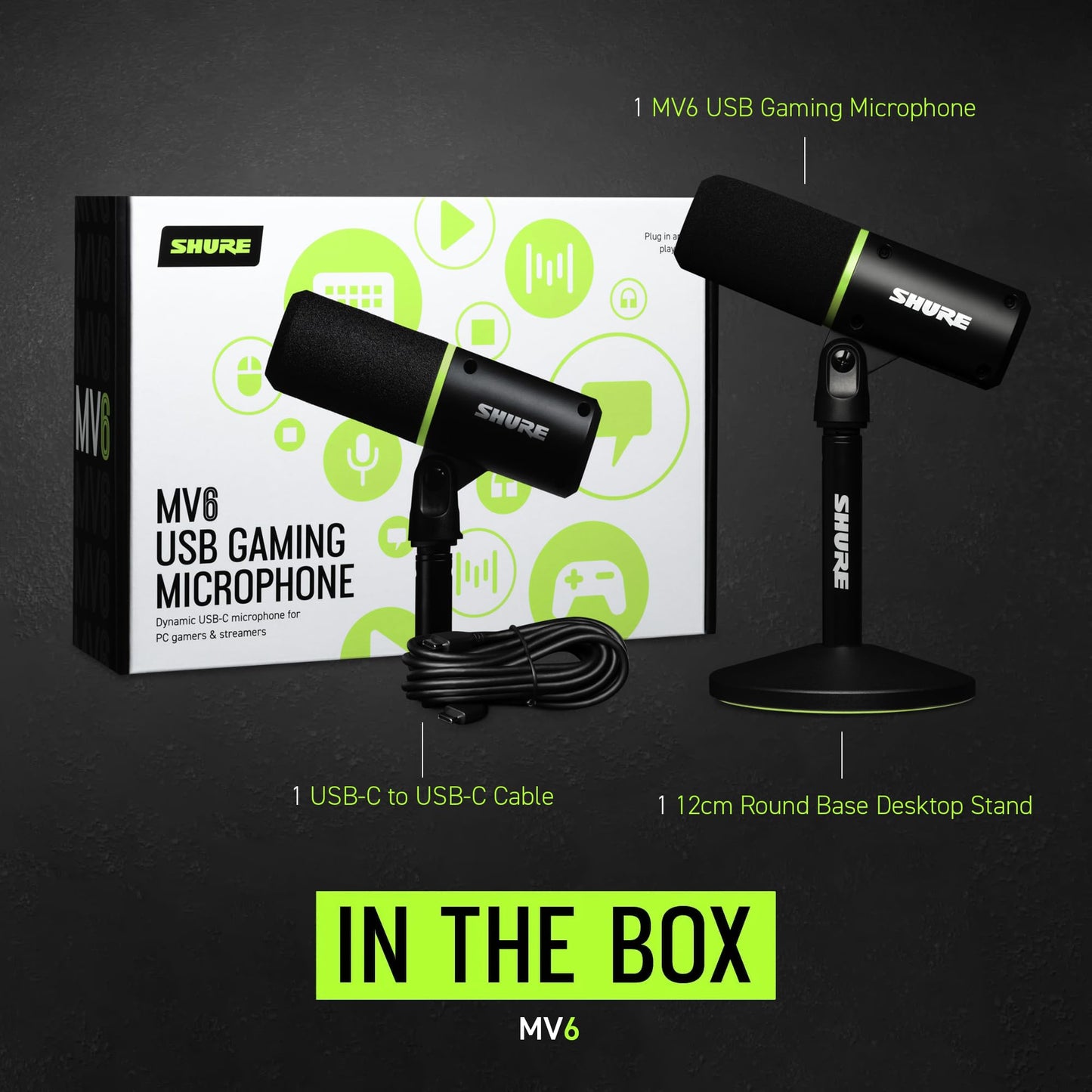 Shure MV6 Gaming Microphone - Dynamic USB Mic for PC Gaming & Streaming with Tap-to-Mute, Noise Cancellation, Desktop Stand & 3.5mm Headphone