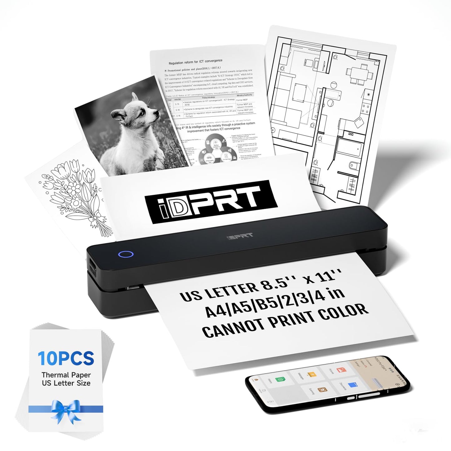 iDPRT Portable Thermal Printer, MT610 Pro Wireless for Travel, 300 DPI Bluetooth Inkless Printer Support 8.5" X 11" US Letter Thermal Paper for Home