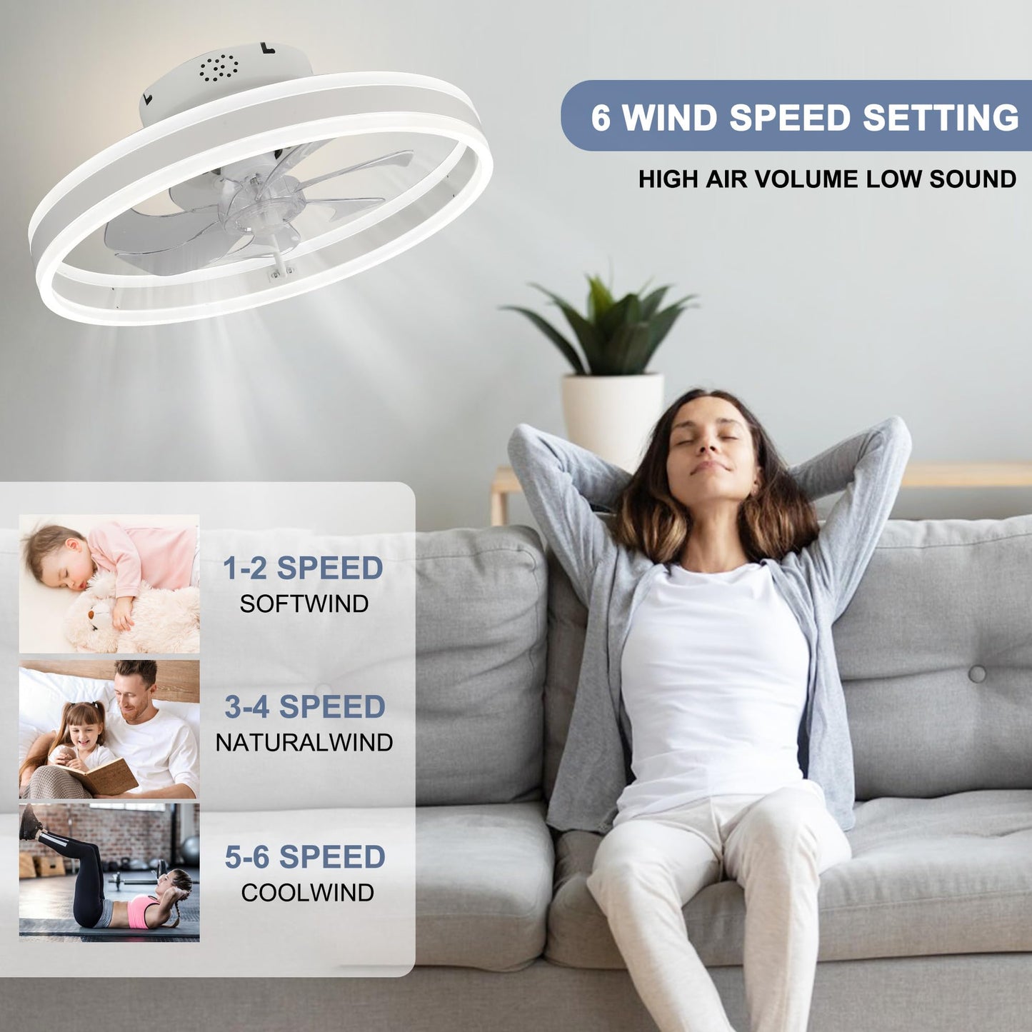 Oaks Aura 20 Inch Low Profile Ceiling Fans with Lights,Flush Mount Fandelier Ceiling Fan with 6 Wind Speeds, Dimmable,3 Colors,Modern Ceiling Fan