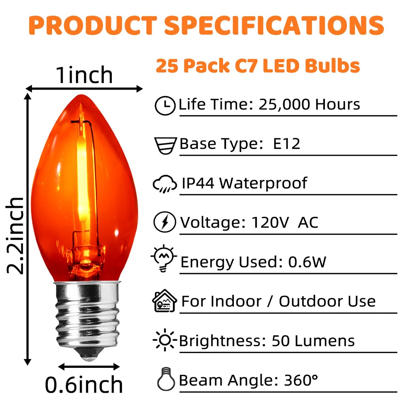 SOTOPOO Orange E12 LED Bulb, 25 Pack C7 Orange Light Bulbs, C7 LED Replacement Bulbs for Fall Halloween Thanksgiving Christmas Indoor Outdoor String