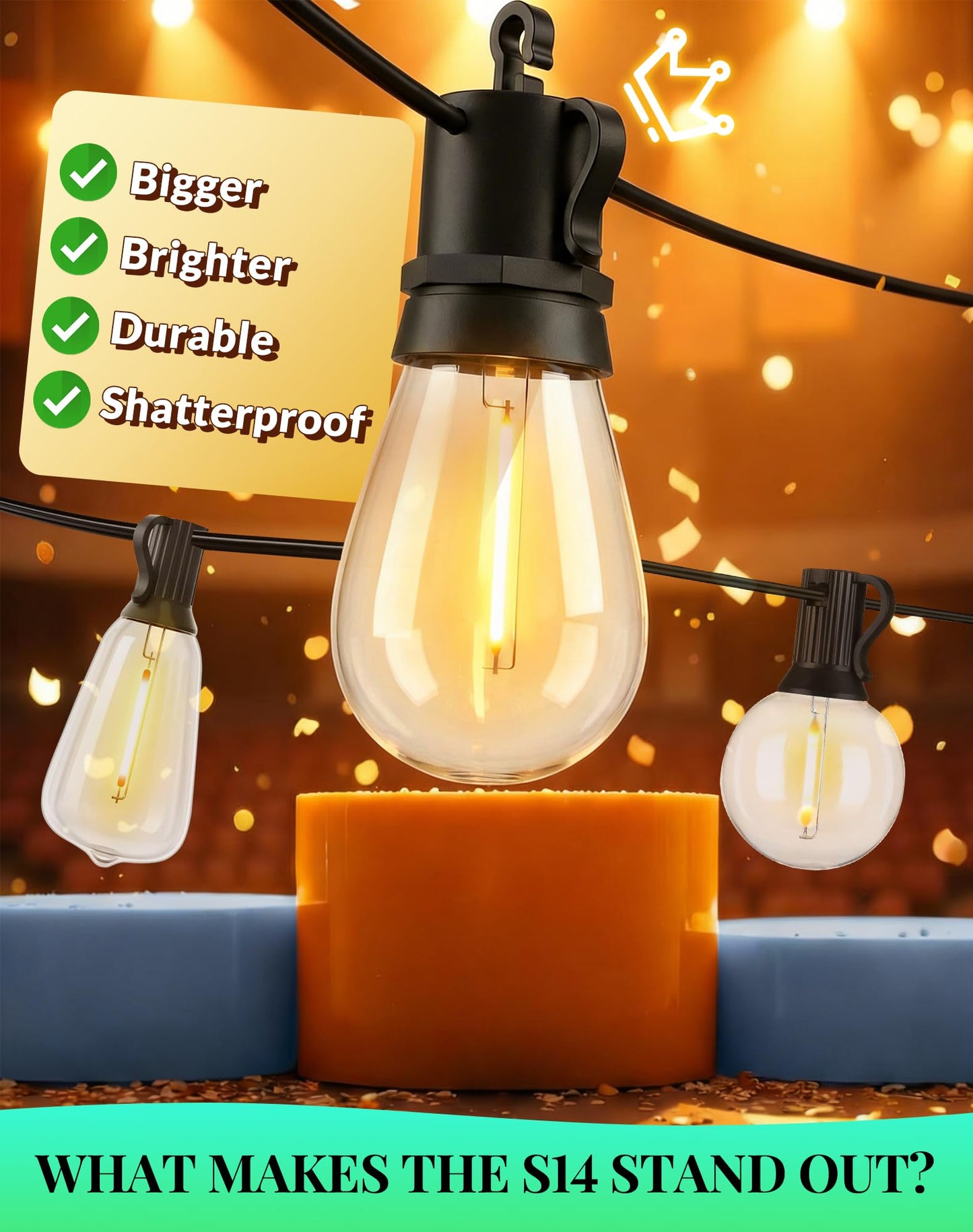 Outdoor String Lights LED Patio-Light - 100Ft Outside Waterproof Dimmable Porch Lights with Remote Shatterproof S14 Bulbs Outside Hanging Light