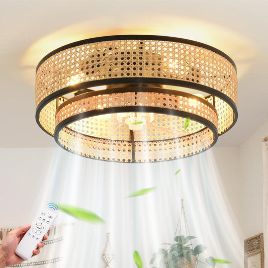 OYYPTDZM 20" Caged Ceiling Fan with Light, Rattan Boho Chandelier Fan