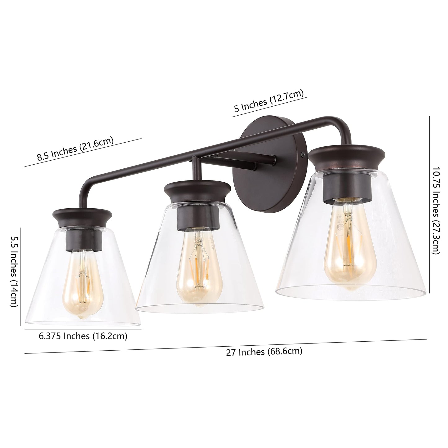 JONATHAN Y 27" Oil Rubbed Bronze/Clear Modern Farmhouse 3-Light LED Vanity Light for Bathroom, Kitchen, Hallway, Clear Glass Shade, Dimmable Edison