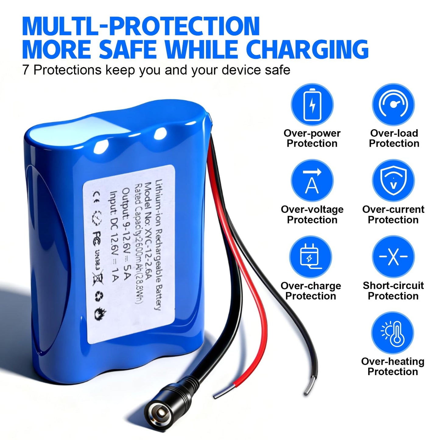 12V 2600mAh Rechargeable Li-ion Battery with Charger, Bare Leads Wire Battery Pack Perfect for DIY Project, Speakers, RC Car, Robot Toys, LED Light