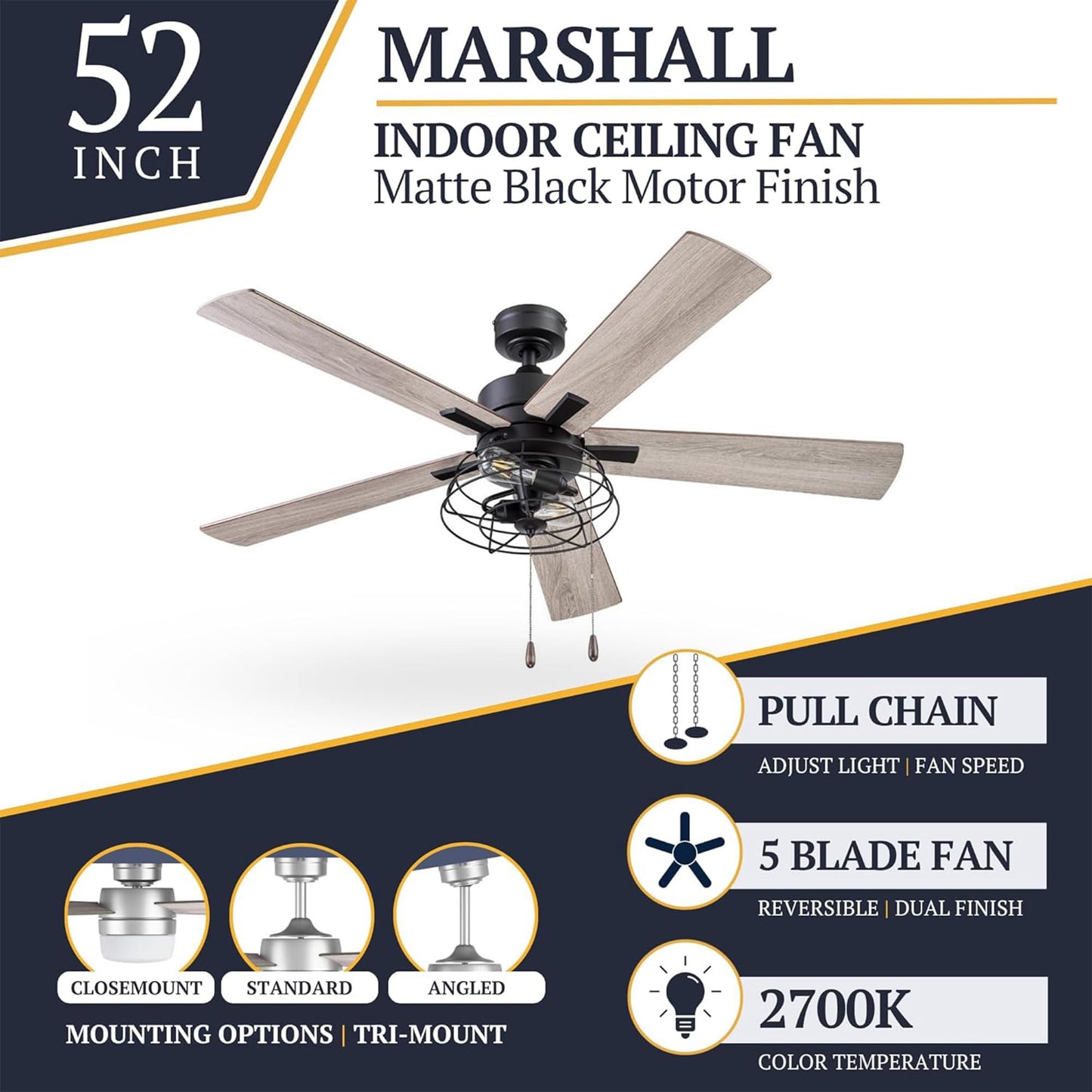 Prominence Home Marshall 52 Inch Industrial Style LED Ceiling Fan with Light, Pull Chain, 3 Mounting Options, Dual Finish Blades, Reversible, Black