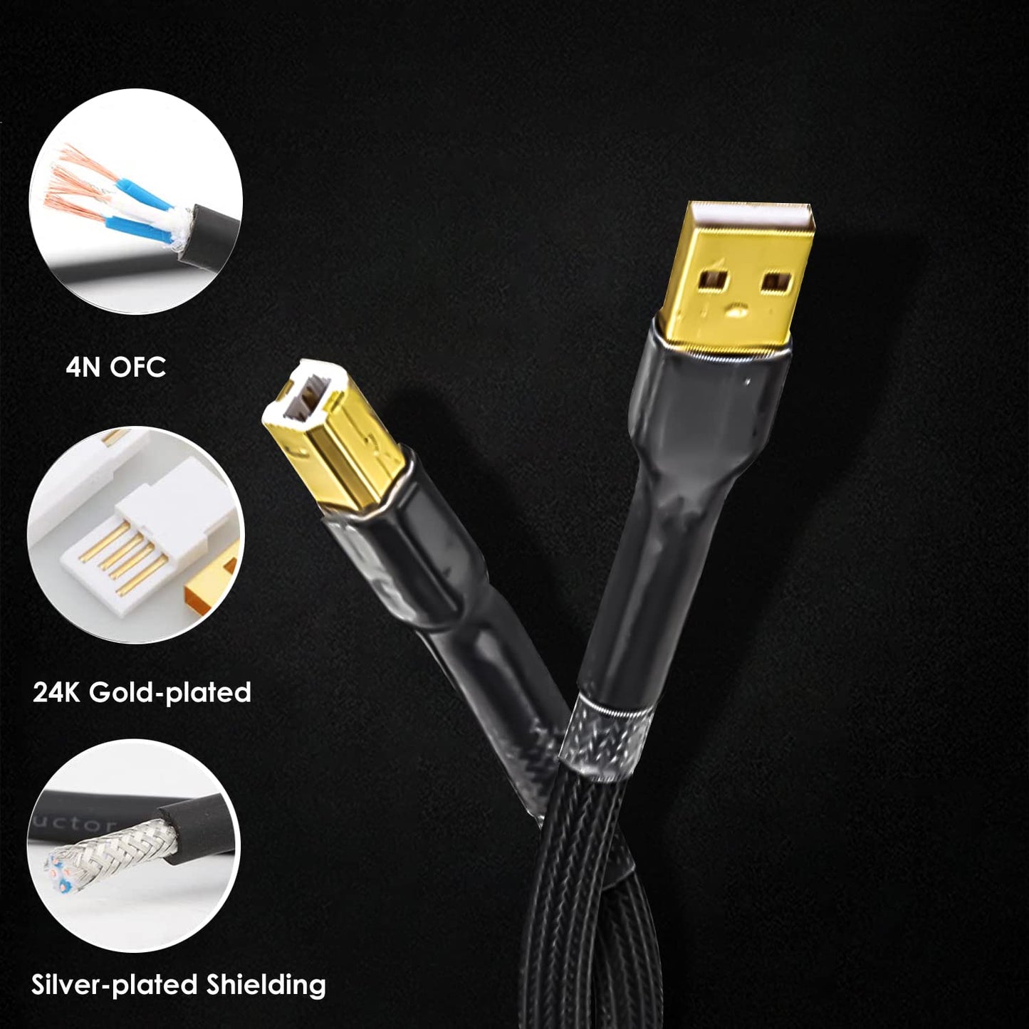 Viborg HiFi USB Cable 4N OFC USB2.0 A-Male to B-Male Digital Audio DAC Cable, Professional USB Cord Wire (1.6FT/0.5M)