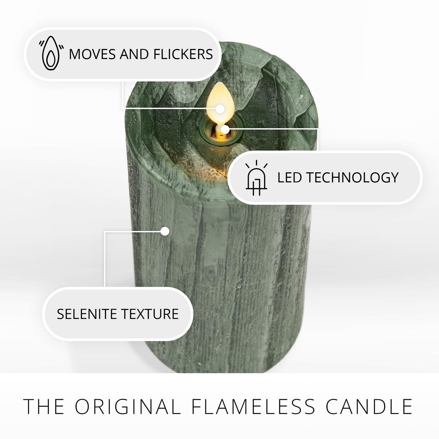 Luminara Selenite Looking Flameless Candle, Holiday Green 3" x 6.5", Battery Operated Real Wax Moving Flame LED Pillar w/Timer, Home Decor Unscented