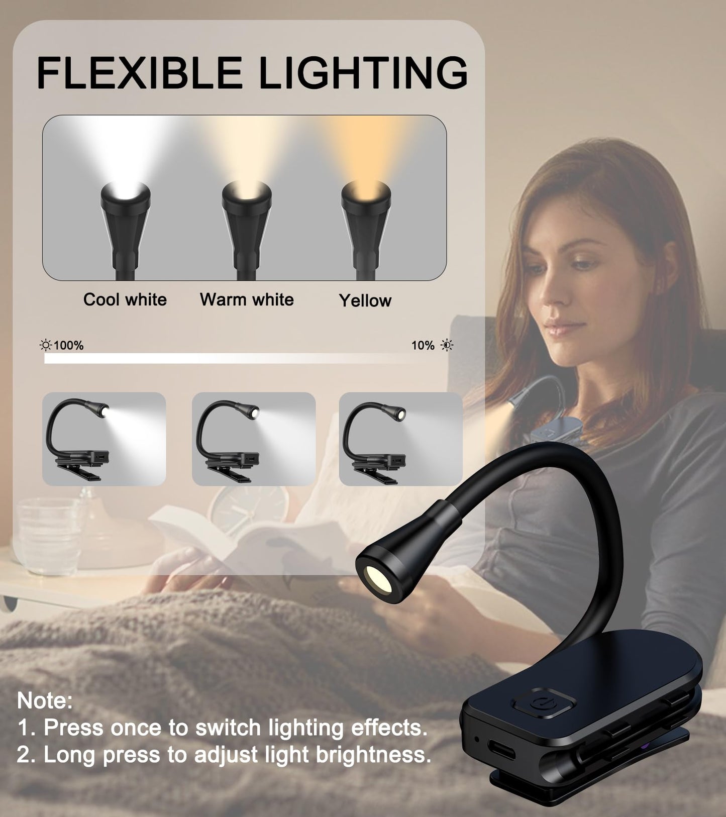 SURPOOTER Clip on Book Light, 3 Light Colors and stepless Brightness Adjustment, 360° Flexible, Small Lightweight Clip On Book Reading Light