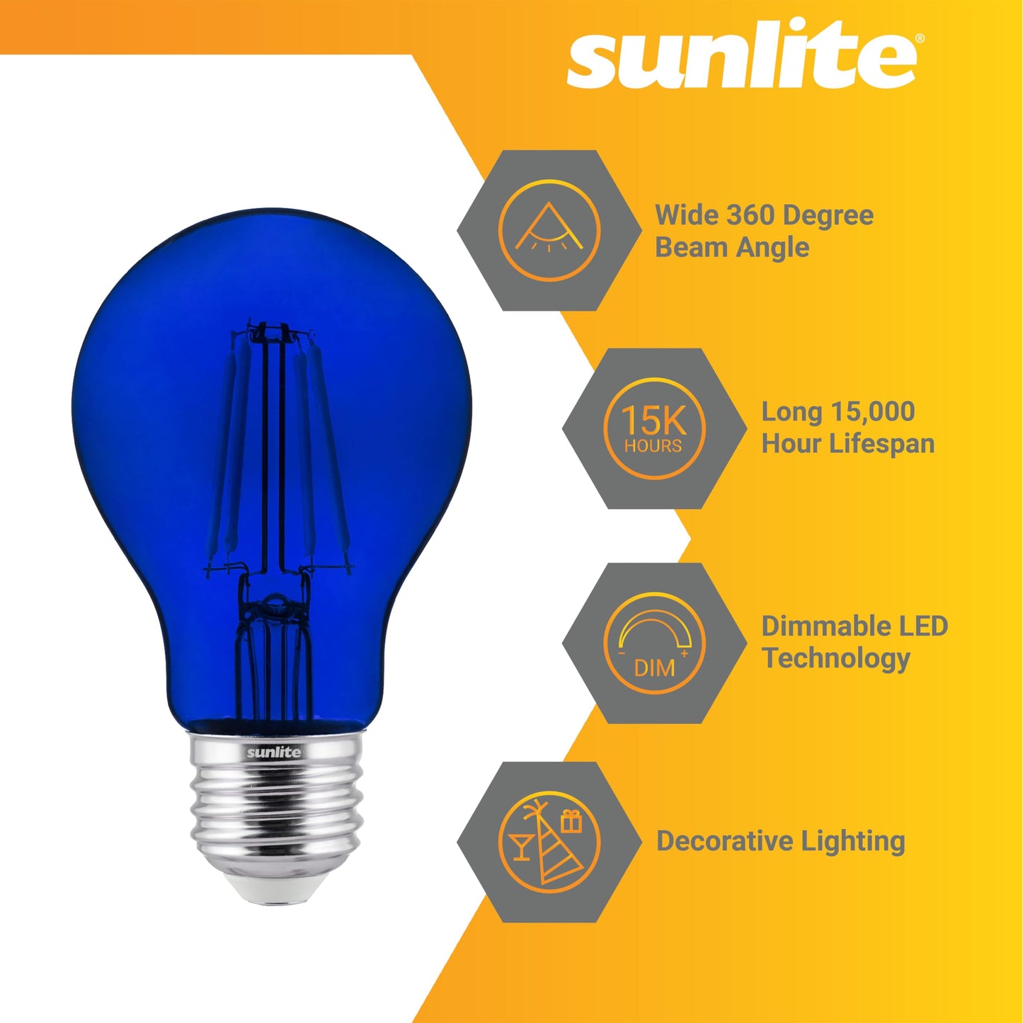 Sunlite 40940 LED Colored Filament A19 Light Bulb, 4.5 Watts, Medium E26 Base, 120 Volts, Transparent Blue, Dimmable, 320 Degree Beam Angle, UL