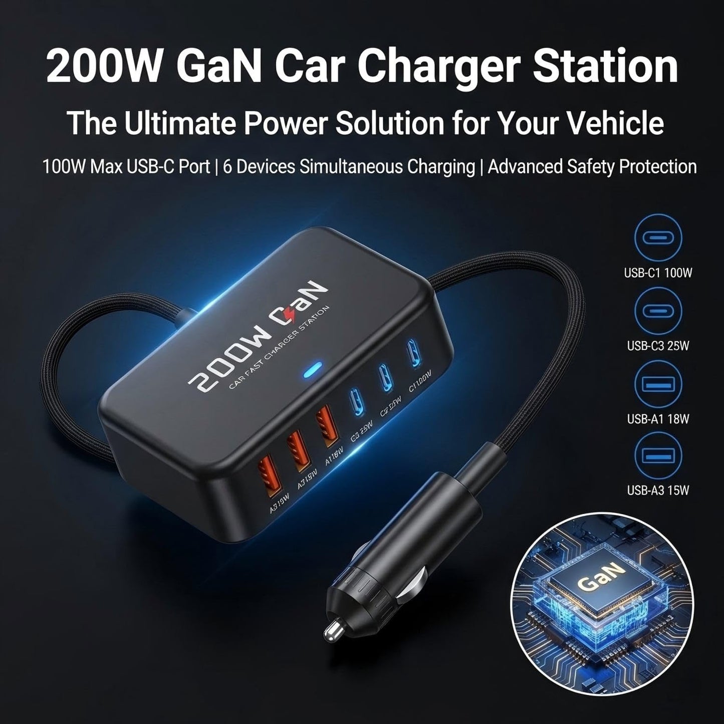 200W USB C Car Charger,Type C Laptop Car Charger & PD3.0/QC3.0/PPS Cigarette Lighter Adapter for iPhone 16/15/14/13/12 Pro Max, Galaxy S25/S26 Ultra