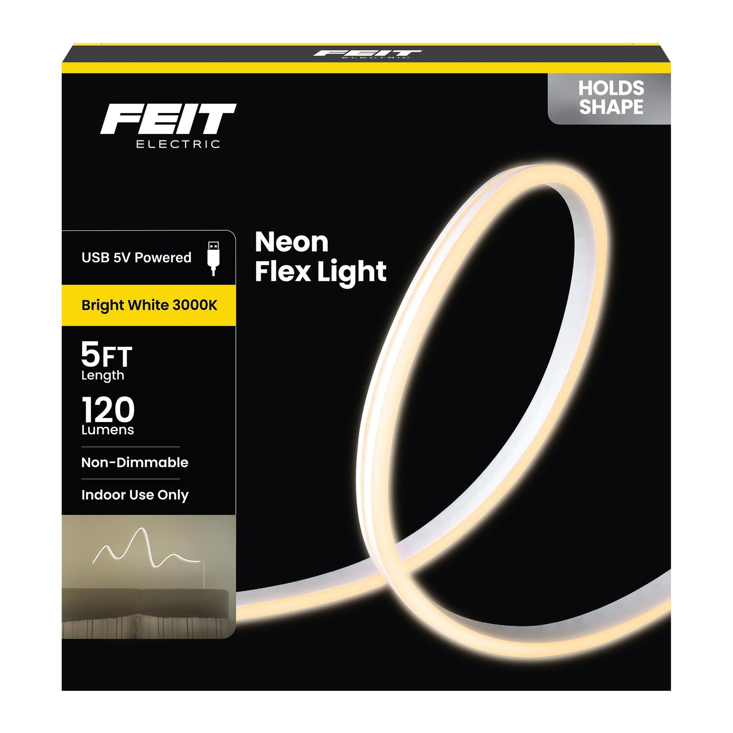 Feit Electric 5ft Indoor USB-Powered White Neon Flex Light, 120 Lumens, 3000K Bright Glow, 25,000-Hour Lifetime, Easy-to-Shape Display Lighting