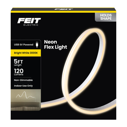 Feit Electric 5ft Indoor USB-Powered White Neon Flex Light, 120 Lumens, 3000K Bright Glow, 25,000-Hour Lifetime, Easy-to-Shape Display Lighting